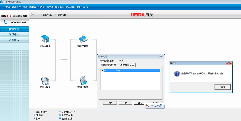用友t3標準版核算管理月末結賬時提示‘登錄日期不在本會計月中，不能執行此操作’。
